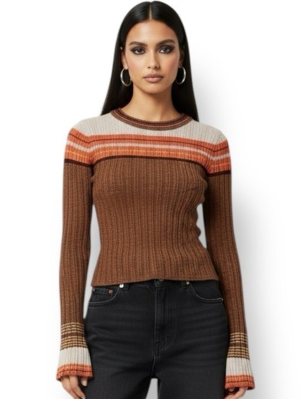 Zara Retro Style Ribbed Long Sleeve Brown Orange Sweater